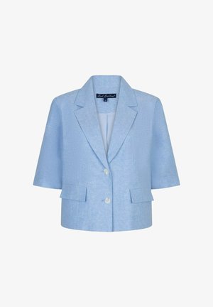 Lichtblauwe korte mouw blazer met inkeping revers, twee knopen aan de voorkant en twee klepzakken, maat small, linnen-achtig stoftextuur.