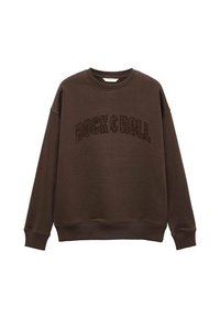 Felpa marrone scuro a girocollo con maniche lunghe e la scritta "ROCK & ROLL" stampata in una tonalità leggermente più scura sul petto.