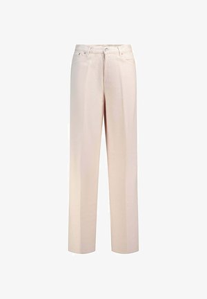 Lichtbeige rechtvallende broek met een knoopsluiting aan de voorkant, ritssluiting en zij- en achterzakken, getoond tegen een witte achtergrond.