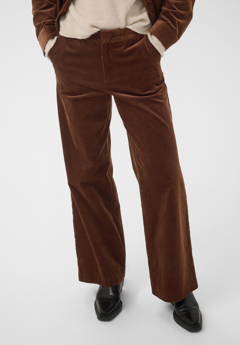 Personne portant un pantalon large en velours côtelé marron, un pull beige et des bottes noires à bout pointu, les mains dans les poches.