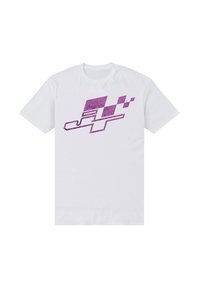 Vit kortärmad t-shirt med ett lila grafiskt mönster med abstrakta former och texturerade detaljer på framsidan.