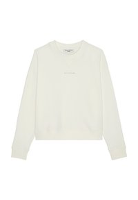 Sudadera color crema hecha de algodón suave. Presenta un cuello redondo, puños acanalados y un sutil logo impreso en el centro.
