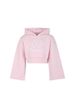 Felpa cropped rosa con un grande logo bianco "MILANO MSGM", maniche larghe e cappuccio con cordoncino. Realizzata in morbido cotone.