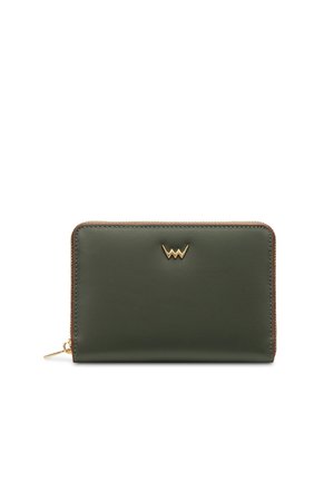 Green leather wallet with a smooth texture, gold hardware logo detailing, and a zip closure; slim rectangular shape with brown accents.