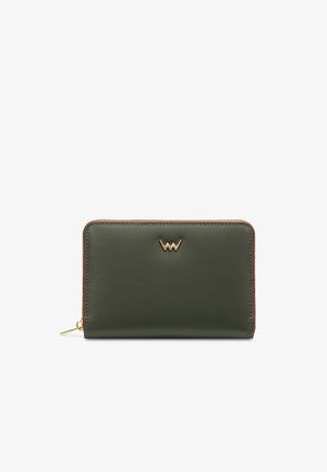 Green leather wallet with a smooth texture, gold hardware logo detailing, and a zip closure; slim rectangular shape with brown accents.