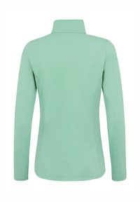 Maglia a maniche lunghe verde menta con colletto alto, texture liscia e design aderente. Presenta cuciture piatte e nessuna ferramenta visibile.