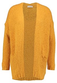 Yellow open-front cardigan made of textured knit material. Features two front pockets and long sleeves with a relaxed fit.