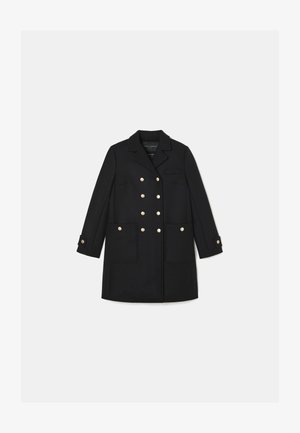 Black wool blend coat with a double-breasted front, gold-toned buttons, notched lapel, and side pockets. Features long sleeves and tailored shape.