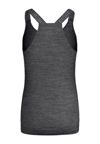 Gray athletic tank top with prominent crossback straps featuring a logo. Made of a textured fabric, offering a fitted silhouette.