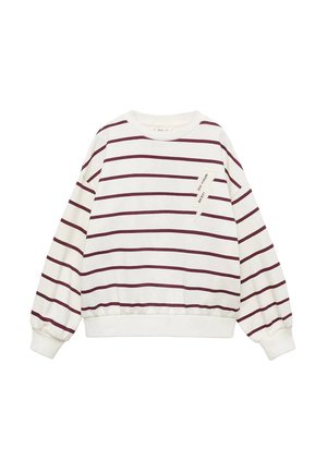 Crewneck-Sweatshirt in Weiß mit weinroten horizontalen Streifen, gerippten Bündchen und einer Brusttasche mit einem bedruckten Spruch auf einem Stoffetikett.