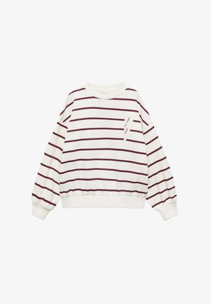 Crewneck-Sweatshirt in Weiß mit weinroten horizontalen Streifen, gerippten Bündchen und einer Brusttasche mit einem bedruckten Spruch auf einem Stoffetikett.