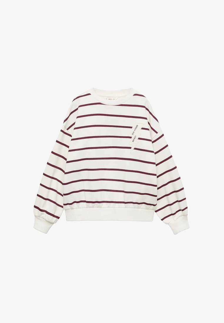 Felpa girocollo bianca con righe orizzontali bordeaux, polsini a costine e una tasca frontale con una frase stampata su un'etichetta di stoffa.