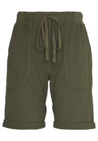 Shorts en coton vert olive avec une taille élastique, un cordon de serrage et des revers retroussés ; ils comportent deux grandes poches avant et des surpiqûres contrastées.