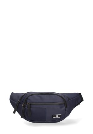 Marsupio blu navy con tre scomparti con cerniera e tracolla nera regolabile, con piccolo patch logo del marchio nero e bianco.
