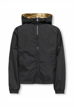 Svart zip-up jacka med ett gyllene innerfoder, som har huva, elastiska ärmslut och sidofickor, tillverkad av lättviktig, slät material.