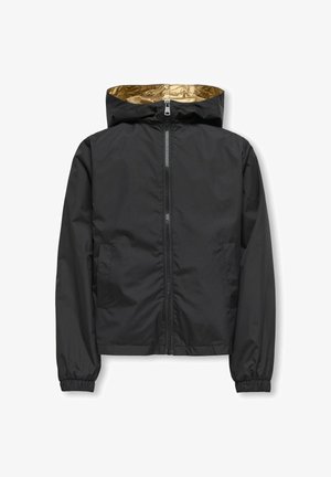 Schwarze Zip-Up-Jacke mit goldenem Innenfutter, ausgestattet mit einer Kapuze, elastischen Bündchen und Seitentaschen, gefertigt aus leichtem, glattem Material.
