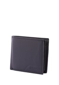 Schwarze Leder-Zweifach-Geldbörse mit glatter Textur, kontrastierenden Nähten und subtilen Branding-Details in der vorderen Ecke.