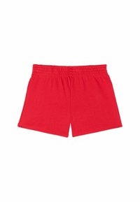 Shorts en coton rouge avec une taille élastique, présentant une texture lisse et un design droit. Pas de poches supplémentaires ni d'éléments décoratifs.