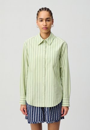 Camicia a maniche lunghe verde chiaro con righe verticali, chiusura con bottoni sul davanti e taschino sul petto. Abbinata a calzoni corti a righe blu e bianche.