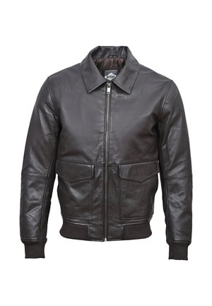 Braune Lederbomberjacke mit einem Reißverschluss vorne, spitzem Kragen und gerippten Bündchen und Saum. Verfügt über zwei Fronttaschen mit Klappen.