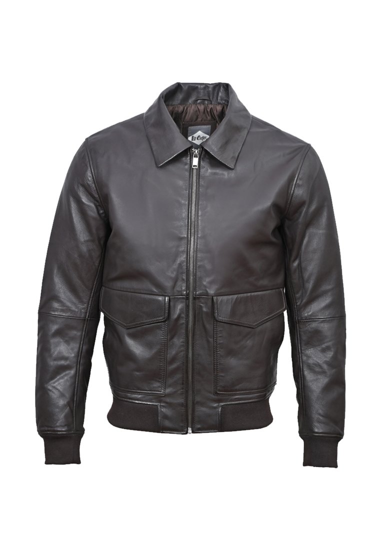 Braune Lederbomberjacke mit einem Reißverschluss vorne, spitzem Kragen und gerippten Bündchen und Saum. Verfügt über zwei Fronttaschen mit Klappen.