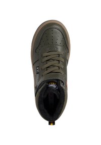 Baskets montantes en cuir vert avec un design perforé, doublure texturée et semelle en caoutchouc marron. Dotées de lacets ronds et d'accents de logo.