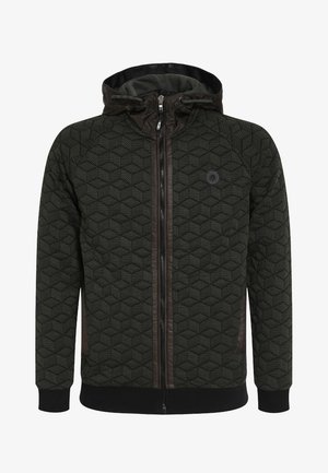 Mørkegrøn hættejakke med et sekskantet mønster, kontrastfuld brun lynlås og detaljer, ribstrikkede manchetter og en glat tekstur.