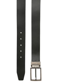Black leather belt featuring a smooth texture, five adjustment holes, and a rectangular silver metal buckle. Straight, flat design.