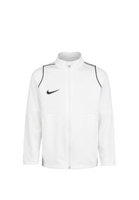 Giacca bianca con zip realizzata in tessuto liscio, caratterizzata da un colletto alto e dettagli neri sulle spalle, con un piccolo logo Nike nero sul petto.