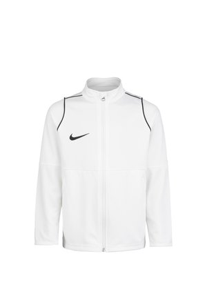 Veste blanche à zip, en tissu lisse, avec un col montant et des accents noirs aux épaules, portant un petit logo Nike noir sur la poitrine.