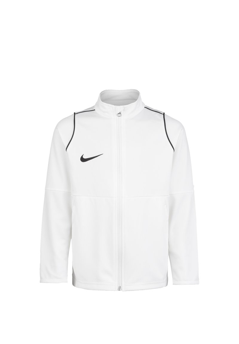 Giacca bianca con zip realizzata in tessuto liscio, caratterizzata da un colletto alto e dettagli neri sulle spalle, con un piccolo logo Nike nero sul petto.
