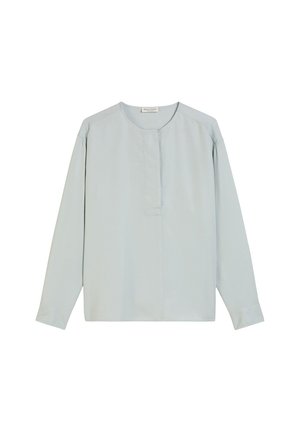 Helleblaue Bluse mit langen Ärmeln aus glattem Stoff, mit Rundhalsausschnitt, knopfloser Frontleiste und gemanschetten Ärmeln.