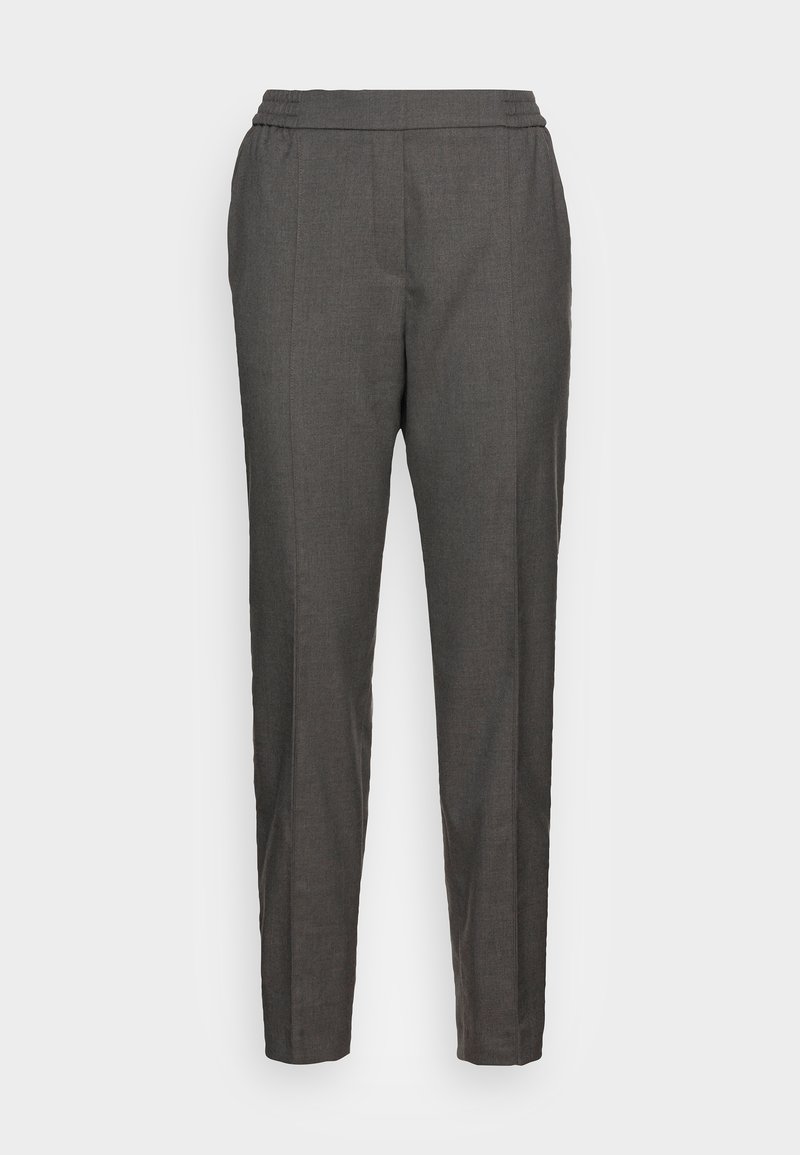 Pantalon de ville gris fuselé avec ceinture élastique et plis avant, conçu pour une coupe ajustée.