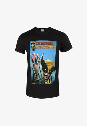 Černé bavlněné tričko s tištěným komiksovým designem Deadpoola a Wolverina, s živými barvami a detailním uměleckým zpracováním.