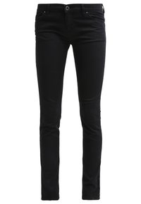 Jean noir slim avec fermeture à boutons et zip à l'avant, cinq poches et taille mi-haute.