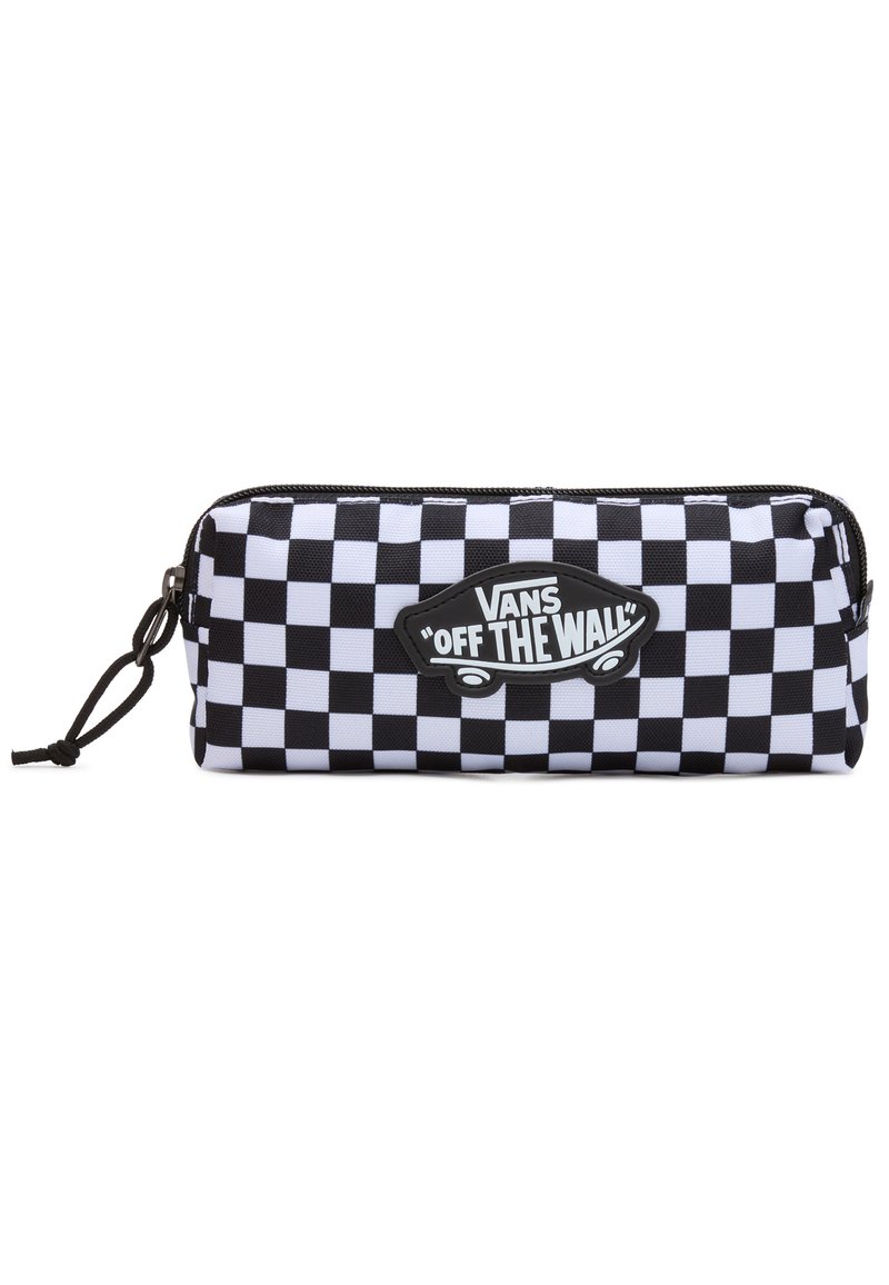 Zwart-wit geblokte etui gemaakt van duurzaam stof, met een ritsluiting en een rubberen "Vans Off The Wall" logo-accent.