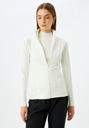Witte, getailleerde zip-up jas met lange mouwen en hoge kraag, gemaakt van een soepele stof. Bevat een centrale rits en zijzakken.
