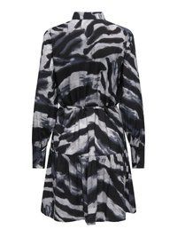 Robe longue à manches longues à rayures zébrées abstraites noir et blanc avec col, poignets boutonnés, taille cintrée et jupe à volants, vue de dos.