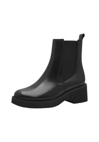 Black leather ankle boot with elastic side panels, block heel, rounded toe, and textured sole for grip. Minimalist design and high shine finish.