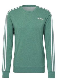 Sweat-shirt vert Adidas à manches longues avec des détails à trois bandes blanches sur les manches et un petit logo Adidas blanc sur la poitrine.