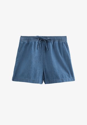 Shorts décontractés en denim bleu avec taille élastique et cordon de serrage, dotés de poches latérales et d'une coupe décontractée.
