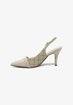 Beige pointed-toe slingback heel with patterned fabric sides and a slim mid-height stiletto heel on a white background.