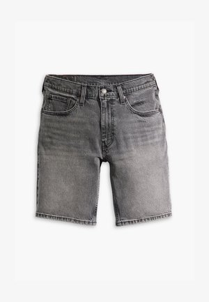 Harmaat farkkushortsit suoran leikkauksen kanssa, joissa on viisi taskua, haalistunut pinta ja napilla suljettava vyötärö.