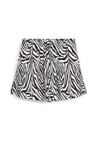 Pantaloncini con stampa zebra realizzati in tessuto leggero, caratterizzati da un motivo bianco e nero, design plissettato e un elastico in vita.