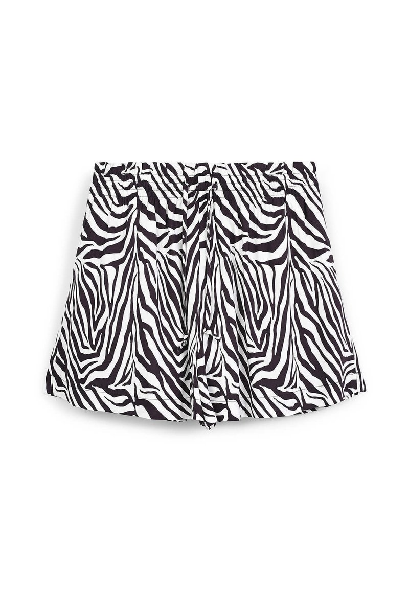 Pantaloncini con stampa zebra realizzati in tessuto leggero, caratterizzati da un motivo bianco e nero, design plissettato e un elastico in vita.
