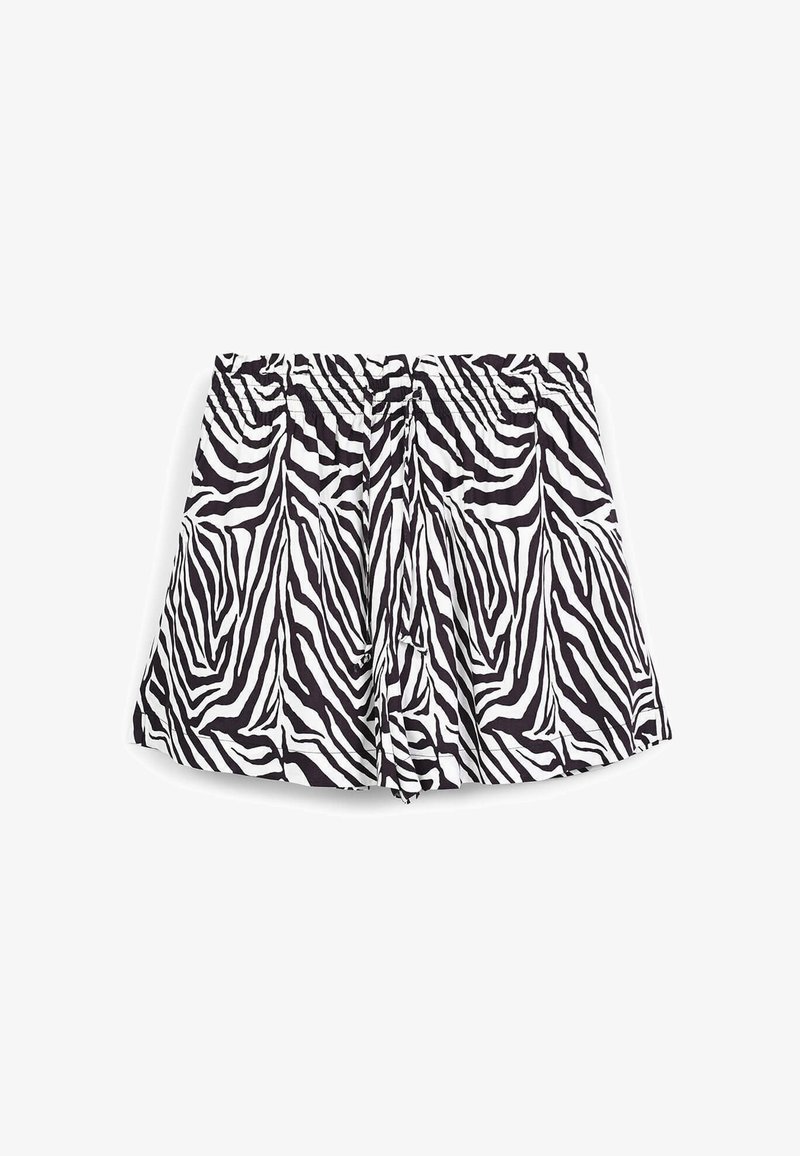 Pantaloncini con stampa zebra realizzati in tessuto leggero, caratterizzati da un motivo bianco e nero, design plissettato e un elastico in vita.