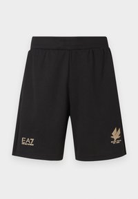 Črne športne kratke hlače iz teksturirane tkanine s pozlačenim logotipom in oblikovnimi poudarki blizu roba. Elastičen pas za udobje.