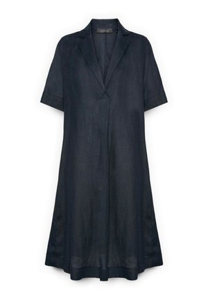 Vestido azul marino oscuro hasta la rodilla, con mangas cortas, cuello en V y silueta relajada de línea A.