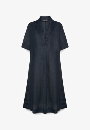 Vestido azul marino oscuro hasta la rodilla, con mangas cortas, cuello en V y silueta relajada de línea A.