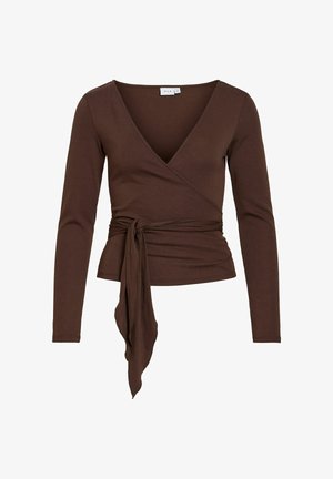 Bruin wikkelshirt met lange mouwen, diepe V-hals en gestrikte tailleband, aansluitende pasvorm, zachte stof, casual stijl.